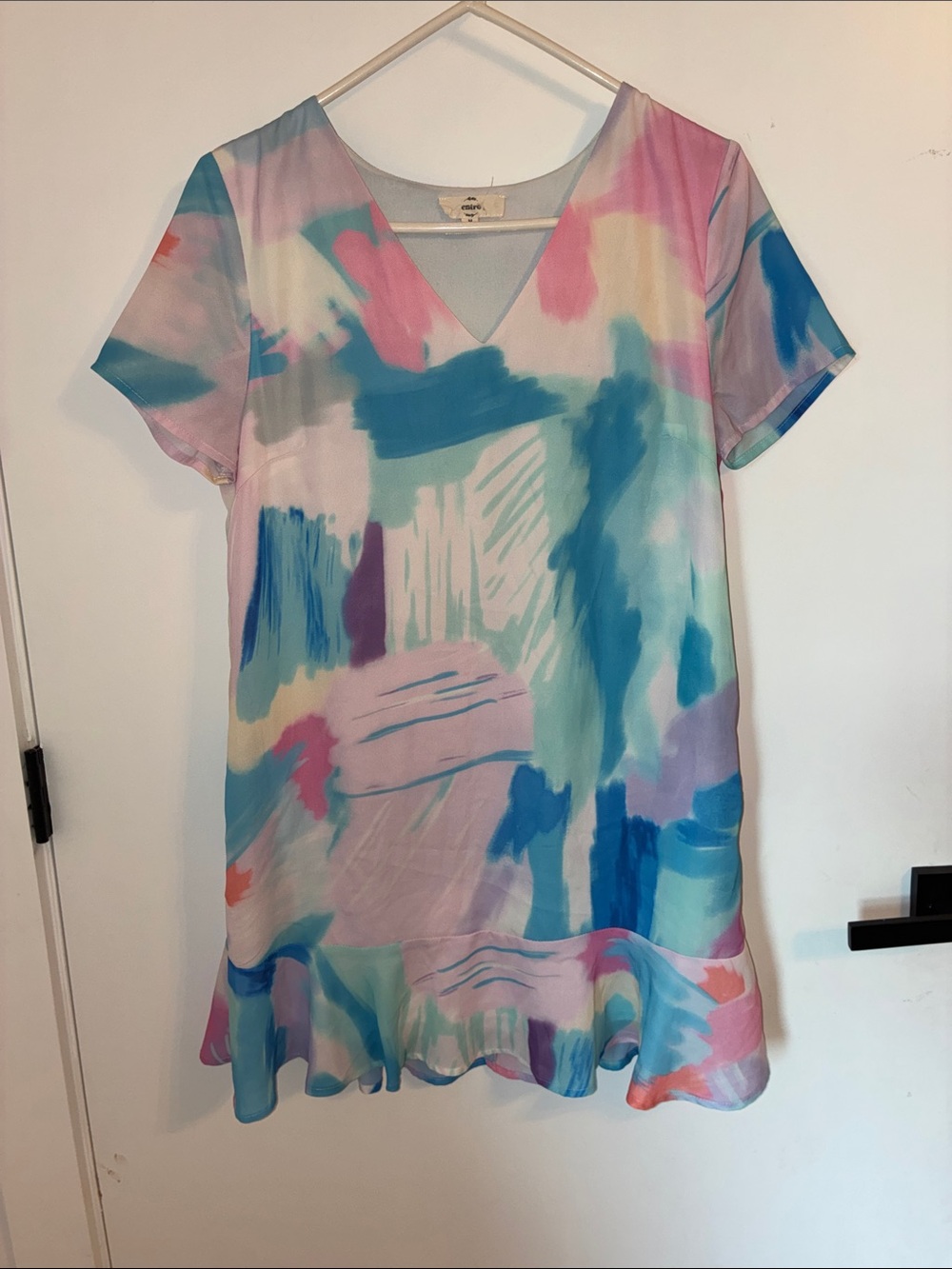 Entro Pastel Abstract Print V-Neck Short Sleeve Dress - Multi